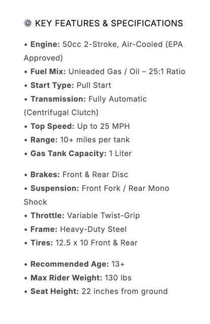 50cc 2-Stroke Kids Gas Dirt Bike – Up to 25 MPH – Beginner Friendly – Green